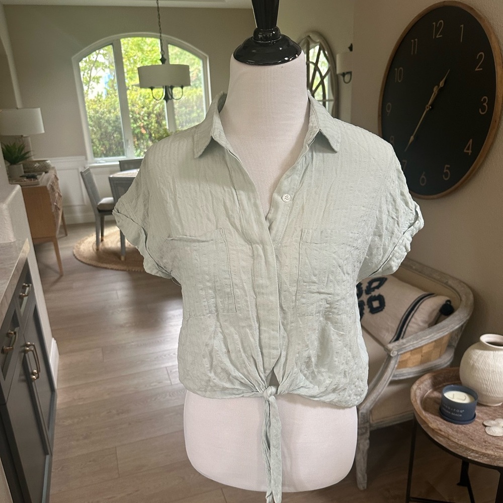 Light Blue Button-Up Tie Front Blouse